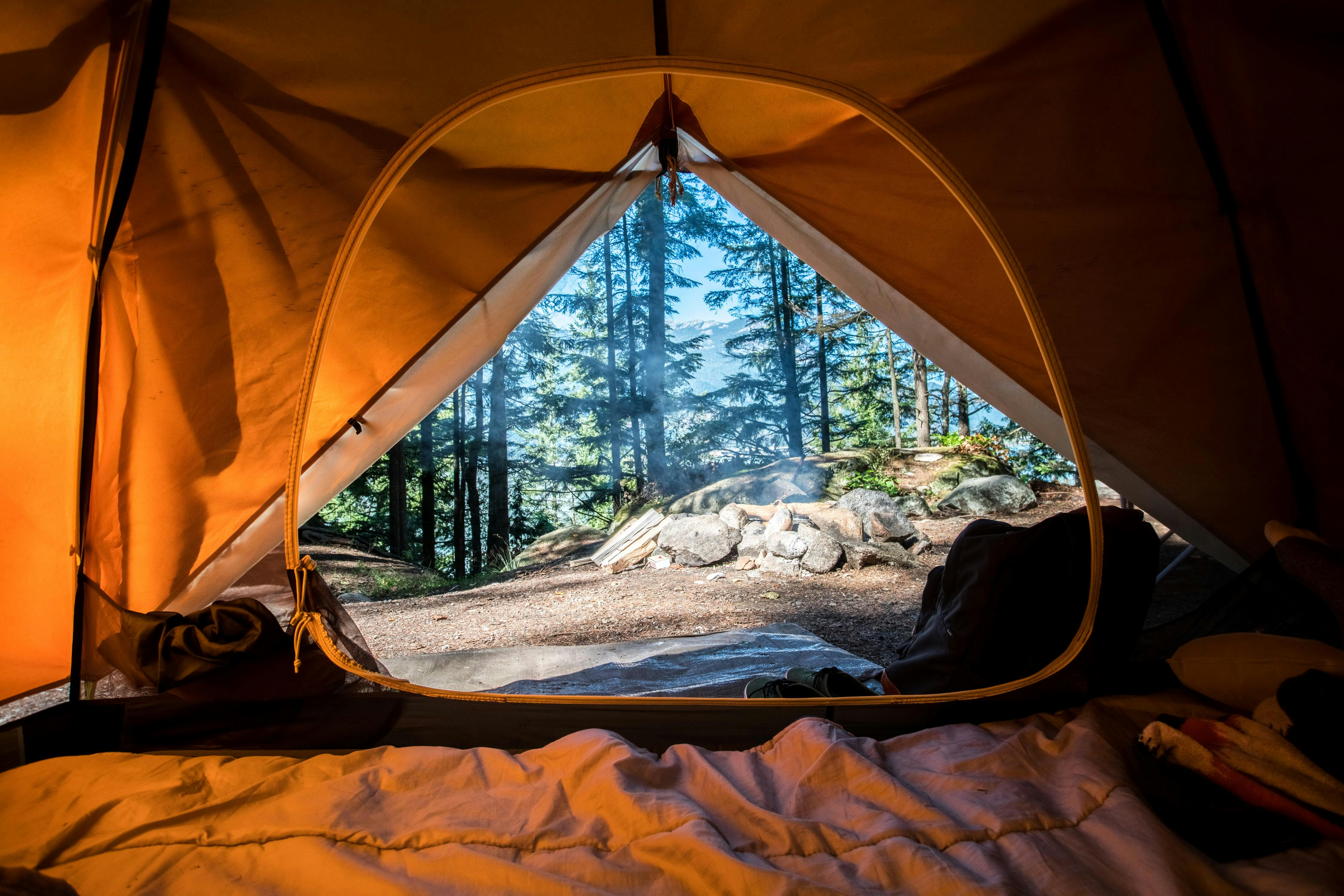 Great view from tent while camping in the outdoors.